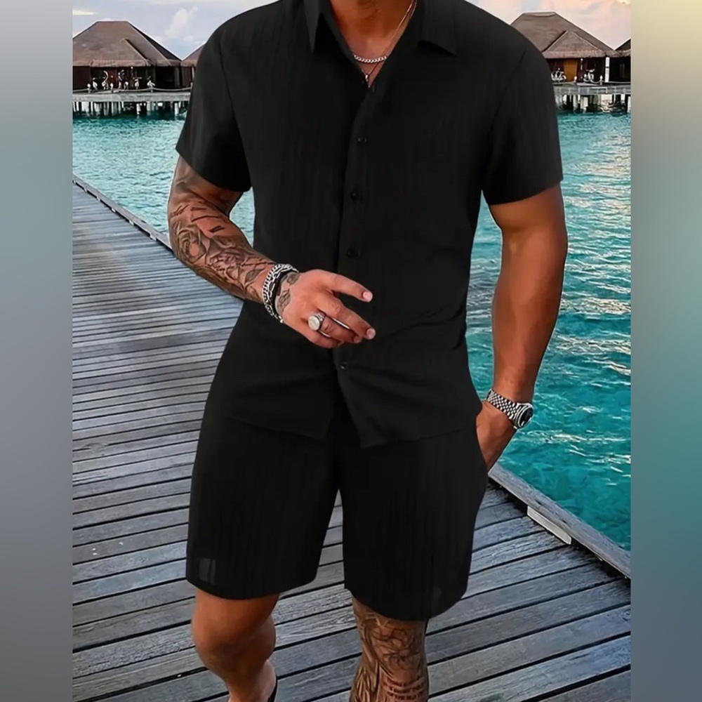 Men's Casual Stand Collar Short Sleeve Stripe Shirt And Drawstring Shorts Set